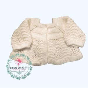 Hand Knit‎ Baby Sweater Vintage Pattern Lace Feather & Fan Stitch NEW Size 3-6mo